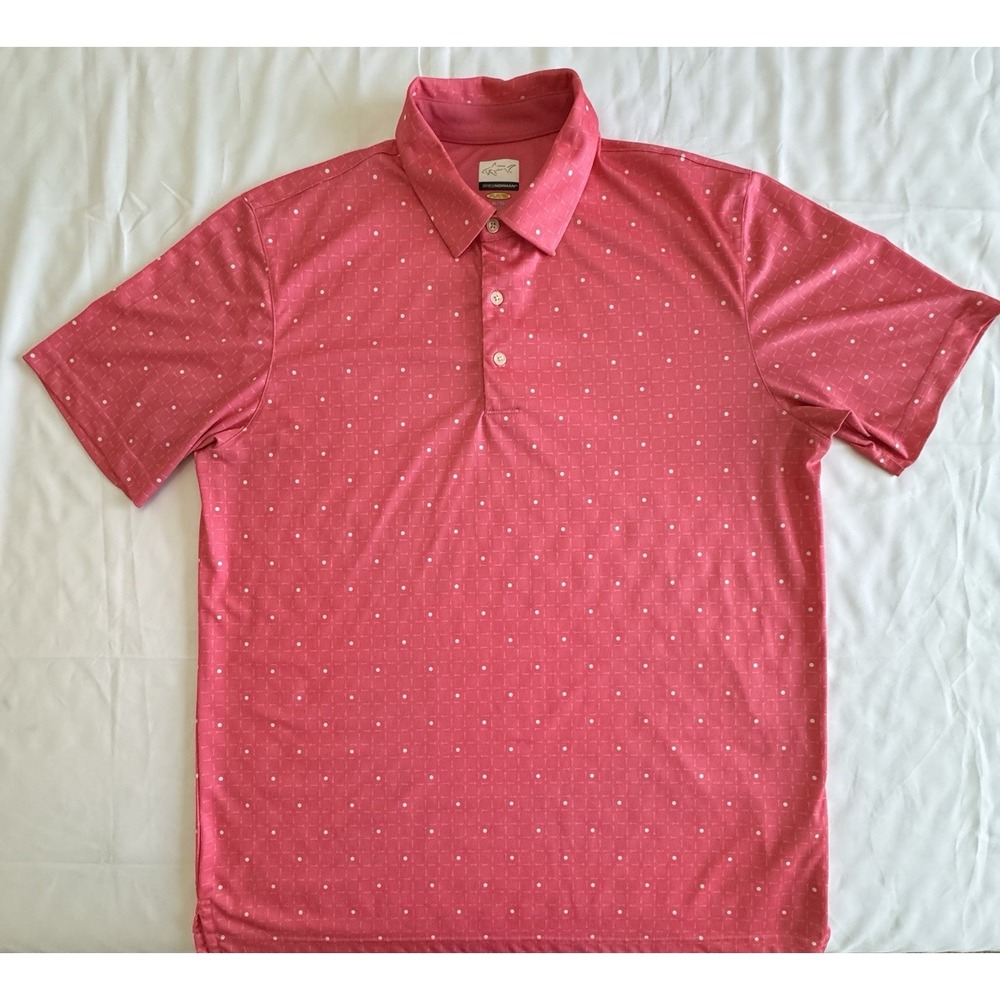Greg Norman Play Dry Polo Shirt Mens XL Pink Pattern Golf Performance Shark Logo